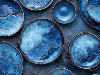 Group of blue plates on table