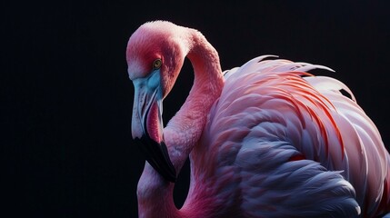 pink flamingo portrait, close up of a flamingo set against a black background. Generative AI