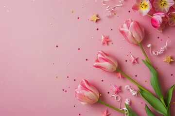 Pink Tulips and Stars on a Pink Background