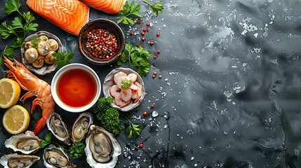 Beautiful seafood with vegetables and herbs on a dark stone background. Food advertising. Banner,...
