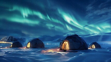 Igloos in snow field with beautiful aurora northern lights in night sky in winter. - obrazy, fototapety, plakaty