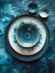 Blue and white plate with three bowls