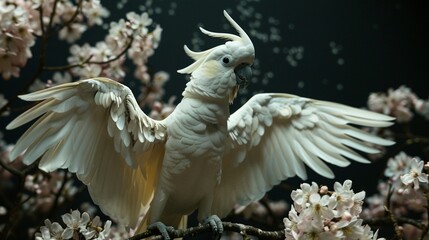  the stunning moment of the cockatoo with its wings spread wide, perched among the delicate cherry blossoms. Generative AI
