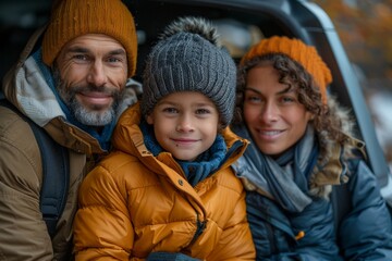 Warmly dressed family with smiles shares a moment inside a car during a winter road trip adventure