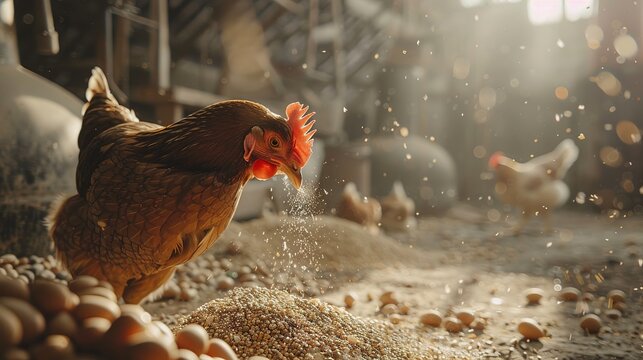 chicken eats feed and grain at eco chicken farm, free range chicken farm