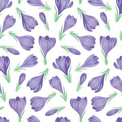 Vector seamless pattern with spring crocus flowers on a white background