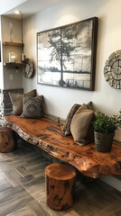 Rustic interior with a natural wood bench and decorative tree art, ideal for cozy home decor.