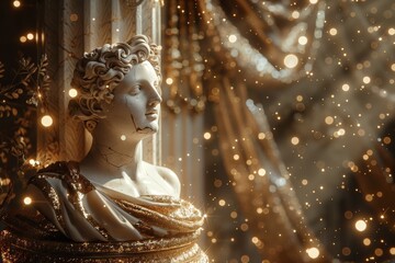 Luxurious still life of a classical bust beside an ornate column, bathed in golden glitter, capturing the essence of eternal beauty and grandeur - obrazy, fototapety, plakaty