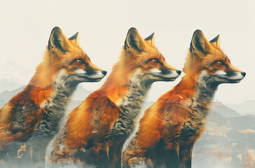 Obraz premium Fox on the background of its natural habitat, photo collage