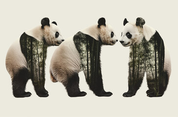 Panda bears in different poses against the background of their natural habitat, photo collage