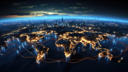 A digital painting of the Earth at night, seen from space. The continents are outlined in glowing light, and the major cities are depicted as bright points of light. The Earth is surrounded by a starr