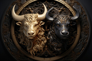 A golden and black metal bull with intricate details on a black background. - obrazy, fototapety, plakaty