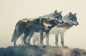 Wolves against the background of their natural habitat, photo collage