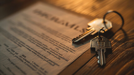 Warm-toned detailed lease document with metal house-shaped keychain on wooden surface