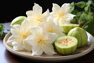 An arrangement of white flowers and green melons on a plate.