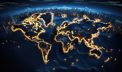 Blue and gold glowing 3D world map with glowing city lights.