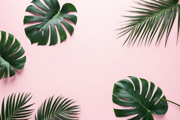 Tropical Paradise, Lush Green Palm Leaves on Blush Pink Background