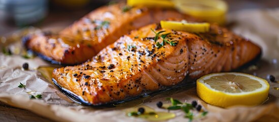 Plate of Salmon With Lemon Slices