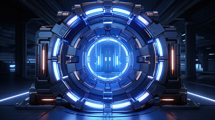 Sci-fi spaceship interior with blue portal