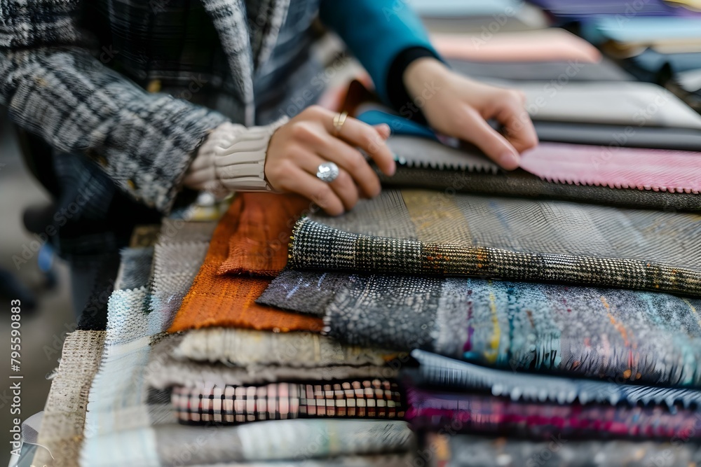 Sticker closeup of female fashion designers hand selecting fabric swatches for collection. concept fashion d