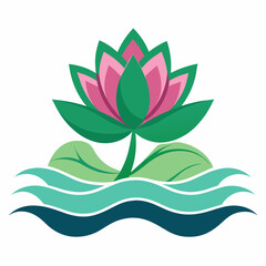 A lotus flower on the river wavy water, there are a lot of leaf vector, beautiful looking, solid white background