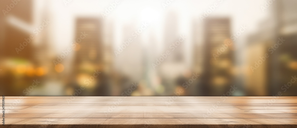 Poster the empty wooden table top with blur background of an office and city. exuberant image. generative a