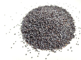 Portion of poppy seeds on a white background.
