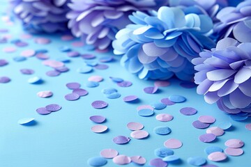 Obraz premium Confetti scattered on the light blue background.