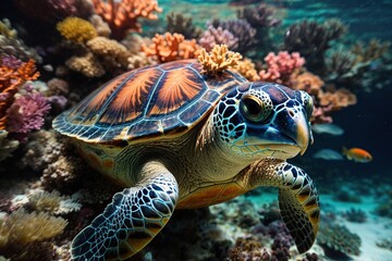 Fototapeta premium marine turtle under the sea in a coral reef