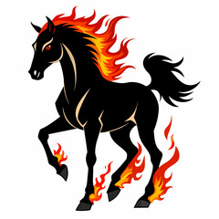 Obraz na płótnie Canvas Black horse with fiery horseshoes, infernal stallion, dynamic pose, white background