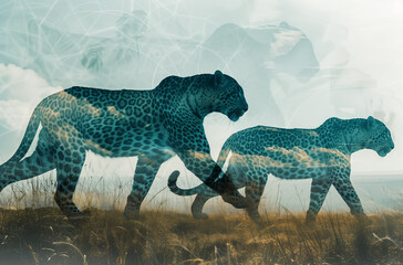 Leopards on the background of their natural habitat, Africa, photo collage