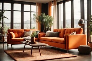 living room interior with orange sofa and coffee table