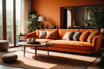 living room interior with orange sofa and coffee table