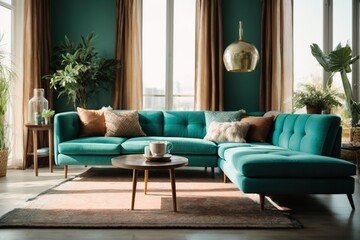 living room interior with turquoise sofa and coffee table
