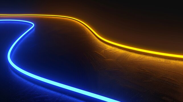 Flowing neon trails in blue and yellow on dark texture creating a futuristic vibe.
