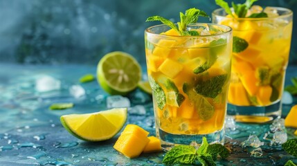 Fototapeta premium Refreshing mango mojito cocktail with lime and mint on blue background