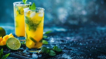 Refreshing mango mojito cocktail with lime and mint on moody blue background