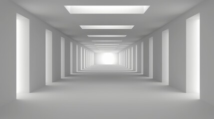 Minimalist white corridor with bright ceiling lights and perspective view