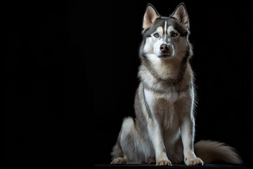 Obraz premium Siberian Husky dog, The Siberian Husky dog sits on the floor, 100% black studio background, slight down angle, studio lighting, full body shot, ultra realistic
