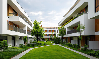 Modern apartment buildings with green terraces, white walls and wooden accents in the city. Green areas between houses, trees and grasses on lawns
