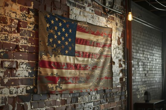 Vintage American flag hanging on a brick wall