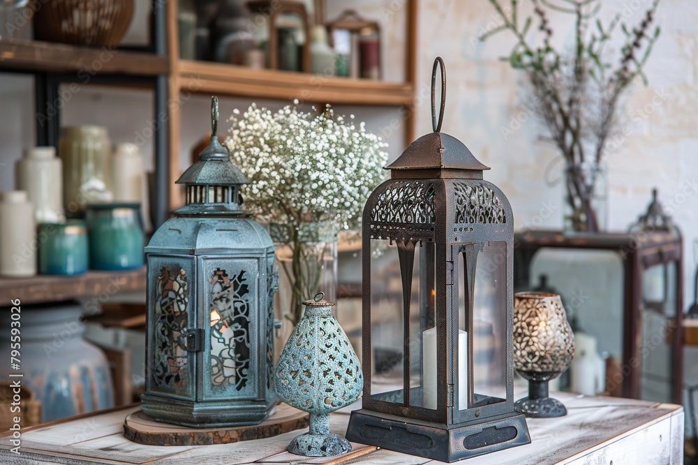 Poster a table with three lanterns and a vase of flowers. the lanterns are of different sizes and colors, a