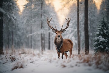 Fototapeta premium noble deer male in winter snow forest Artistic winter