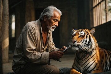 painting of a old and blind man training a tiger