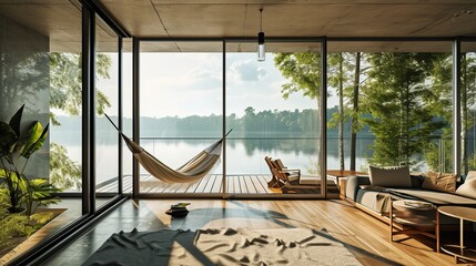 Luxurious Modern Lakeside Living Room with Panoramic Views, Hammock, Wooden Furniture, and Indoor Plants