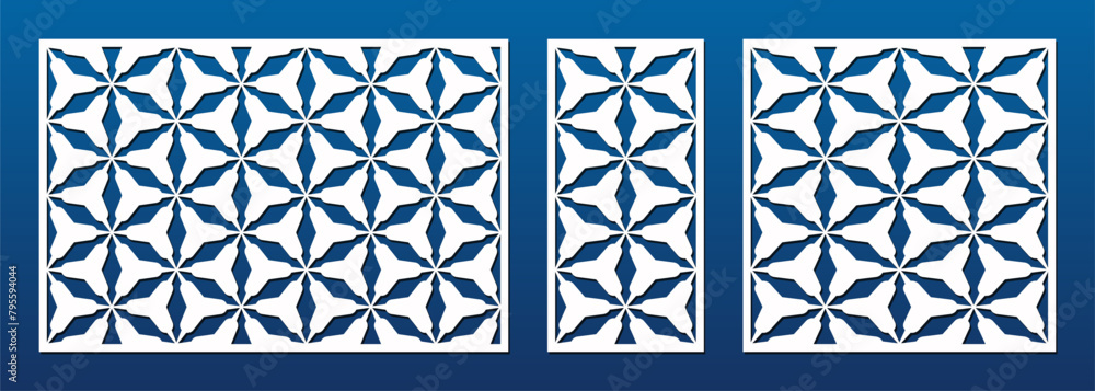 Poster Laser cut panel design. Decorative vector pattern with ornamental grid, abstract triangle lattice, floral elements. Template for CNC cutting of wood, metal, plastic, paper. Aspect ratio  3:2, 1:2, 1:1