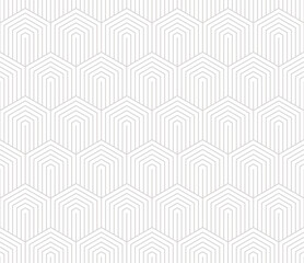 Subtle vector seamless pattern with hexagons, lines. Beige and white minimalist abstract geometric background with outline hexagonal grid. Simple linear texture. Repeated geo design for decor, print