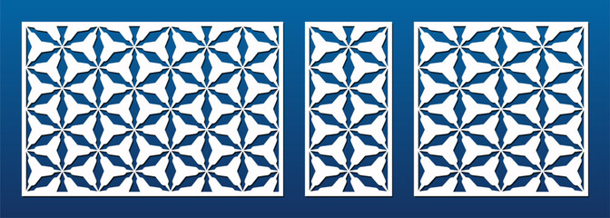 Laser cut panel design. Decorative vector pattern with ornamental grid, abstract triangle lattice, floral elements. Template for CNC cutting of wood, metal, plastic, paper. Aspect ratio  3:2, 1:2, 1:1