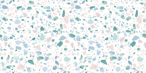 Terrazzo flooring seamless pattern. Realistic vector texture of mosaic floor with natural stones, granite, marble, quartz, colorful glass, concrete. Repeat design in pink, blue, green, white colors