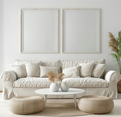 Modern Living Room With White Couch and Two Mirrors